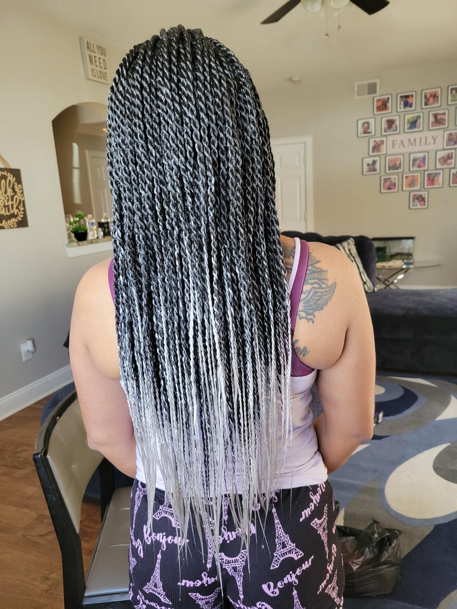 Senegalese twists in black and grey ombre, long and sleek, back view