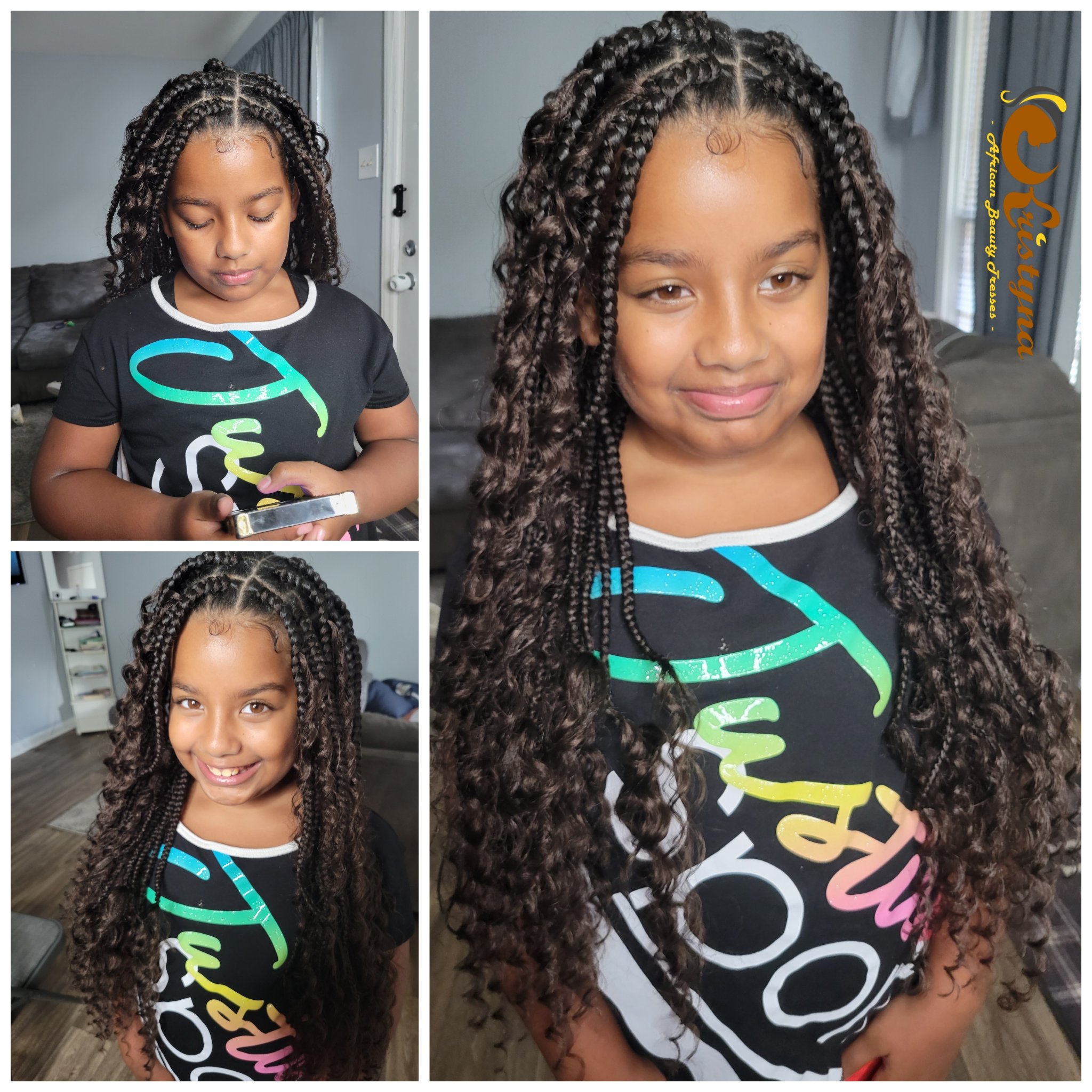 Kids boho knotless braids in dark brown with curly ends on a young girl, photo collage