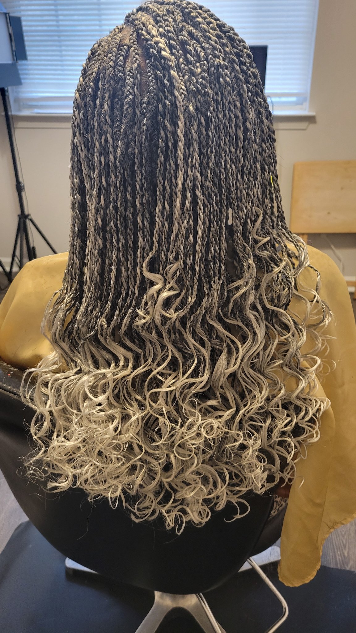 Twists in a grey and silver ombre blend with long curly ends, back view