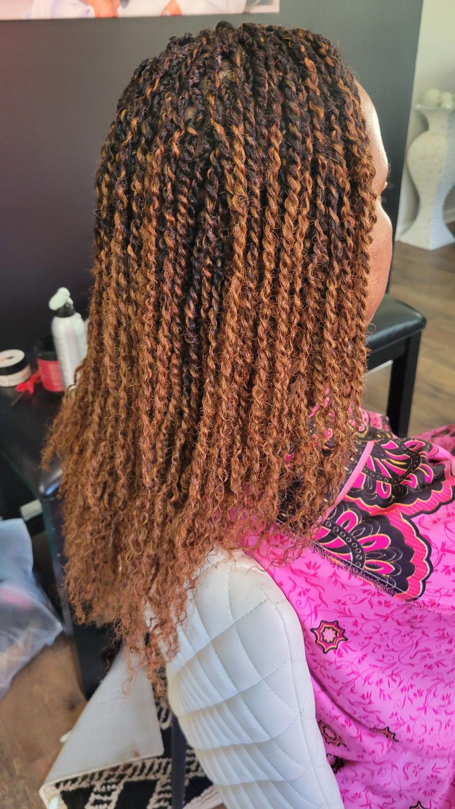 Micro twists in a copper and dark brown blend, back view
