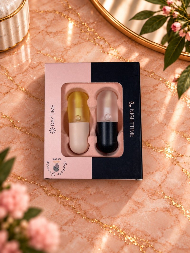 Texture Growth Lip Plumper Set box with Daytime and Nighttime lip plumpers on a pink marble backdrop