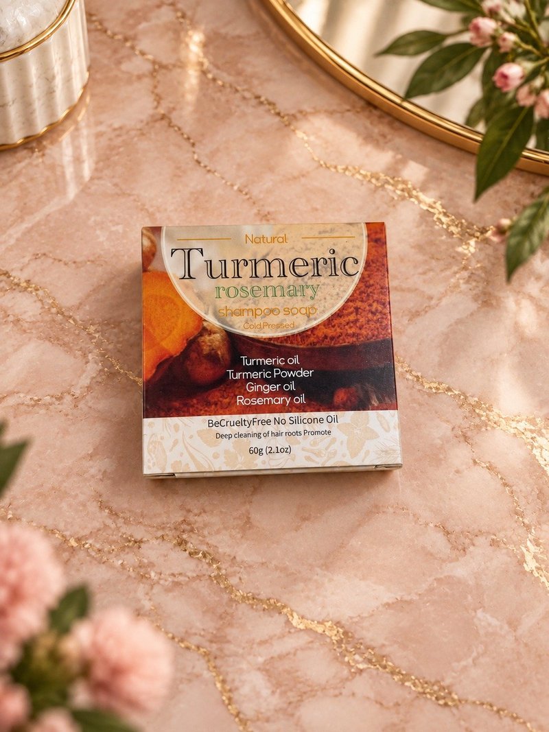 Turmeric Rosemary Shampoo Soap box on a pink marble backdrop